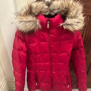 Calvin Klein red puffer coat with fur hood detail